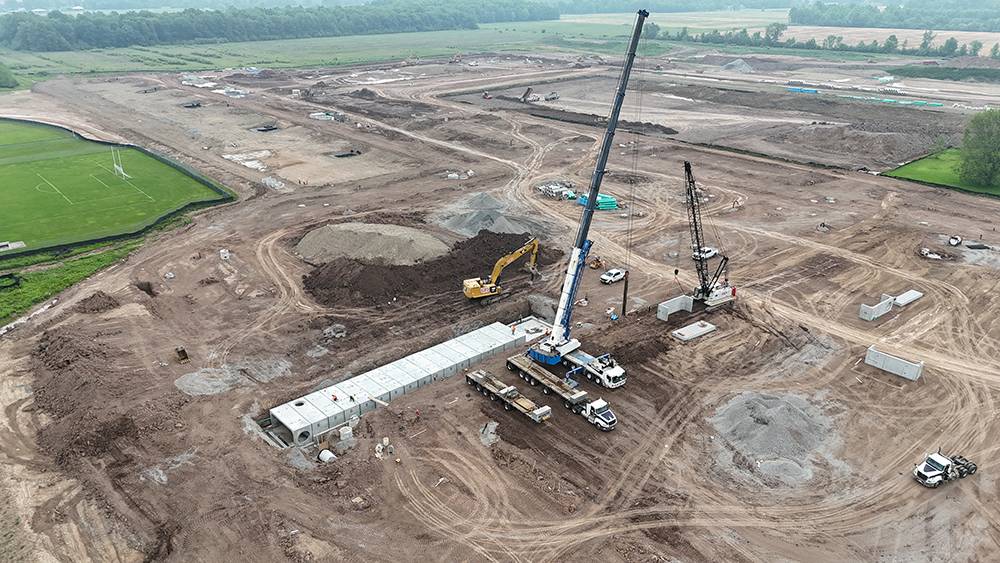 aerial view of a precast concrete stormwater tank made from tri-span units