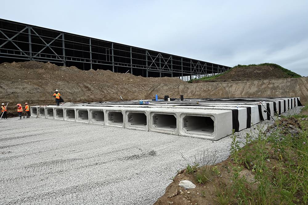 rows of completed box culvert installation