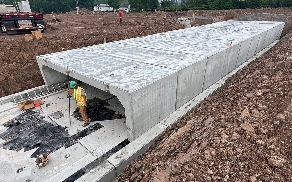 half complete precast concrete stormwater tank