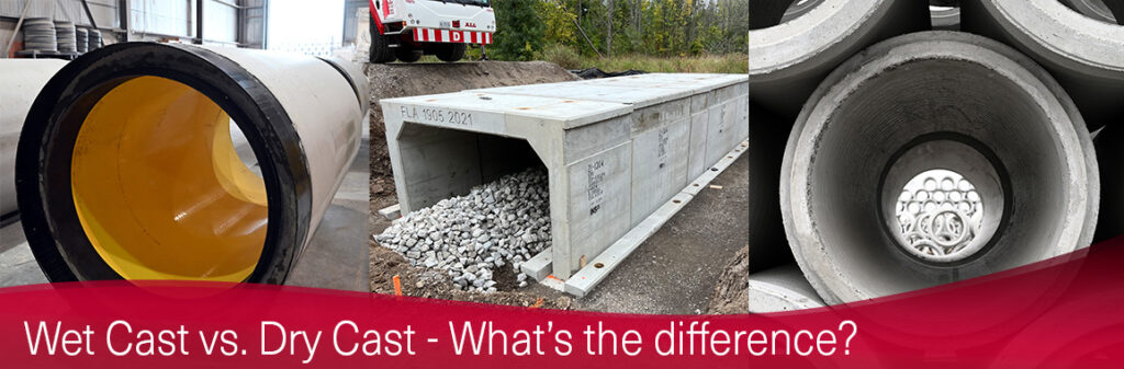 Banner image with three photos. From left to right, the first photo is a close-up shot of a Perfect Pipe with its bright yellow HDPW liner, the next is a Tri-Span installation on a job site, the last is a close-up of large reinforced concrete pipes. Under the images is a red wavy title overlay with the text Wet Cast vs. Dry Cast - What's the difference?