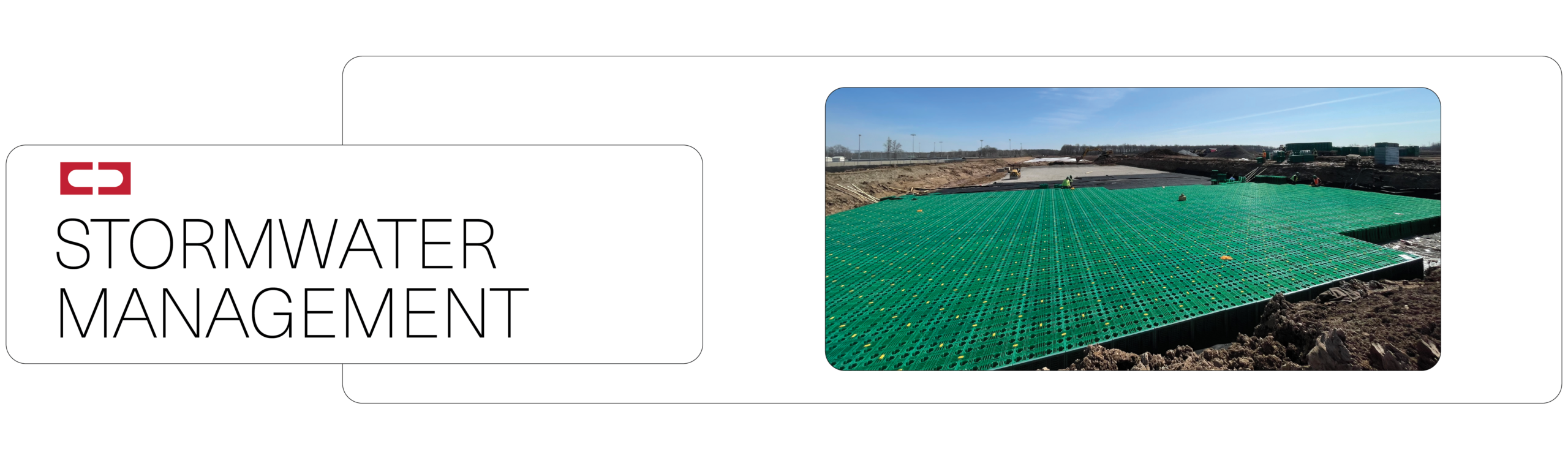 A banner image for Stormwater Management products showing a GreenStorm installation.