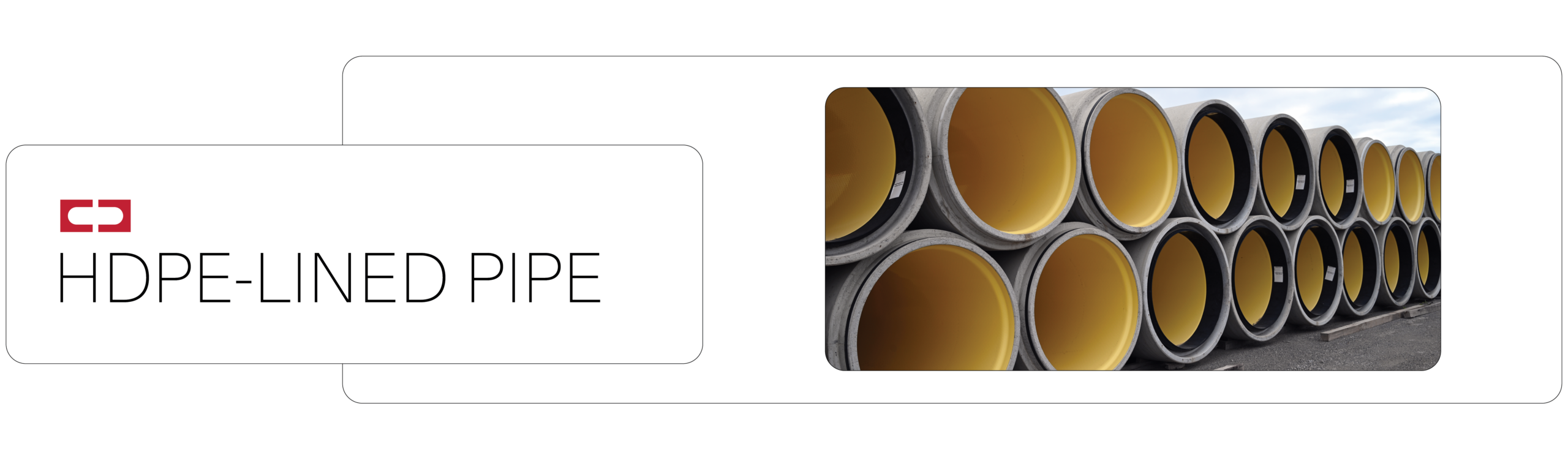 rows of stacked concrete hdpe-lined pipes. The top left corner is the Concast symbol icon and the words HDPE-Lined Pipe are below it.